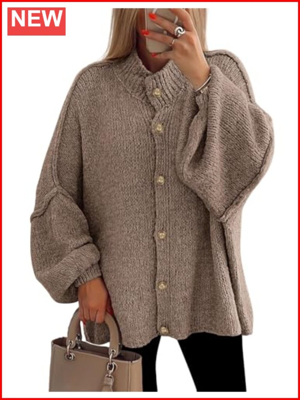Oversized Chunky Knit Button Down Lantern Sleeve Cardigan Sweater